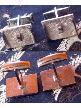 Silver Tone Cufflinks Vintage Rectangular With Textured Center & Toggle Back Clo